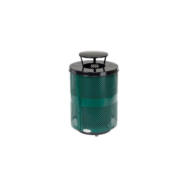 Global Equipment Outdoor Perforated Steel Trash Can W/Rain Lid Base, 36 Gallon, Green